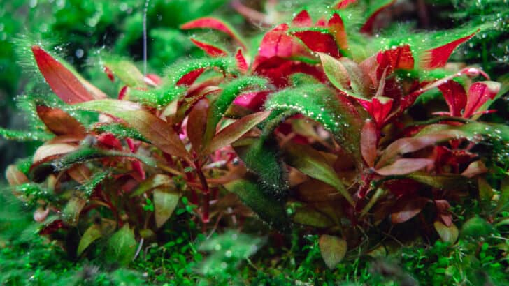 Alternanthera reineckii mini covered with different types of algae